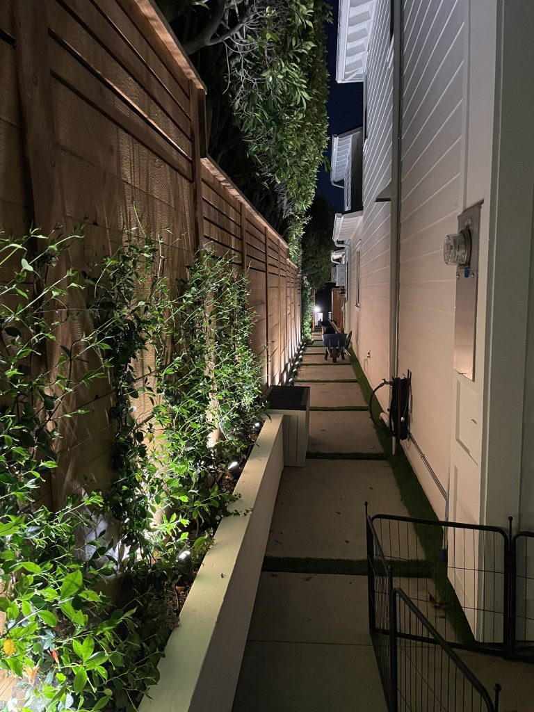Image of a remodeled backyard at night